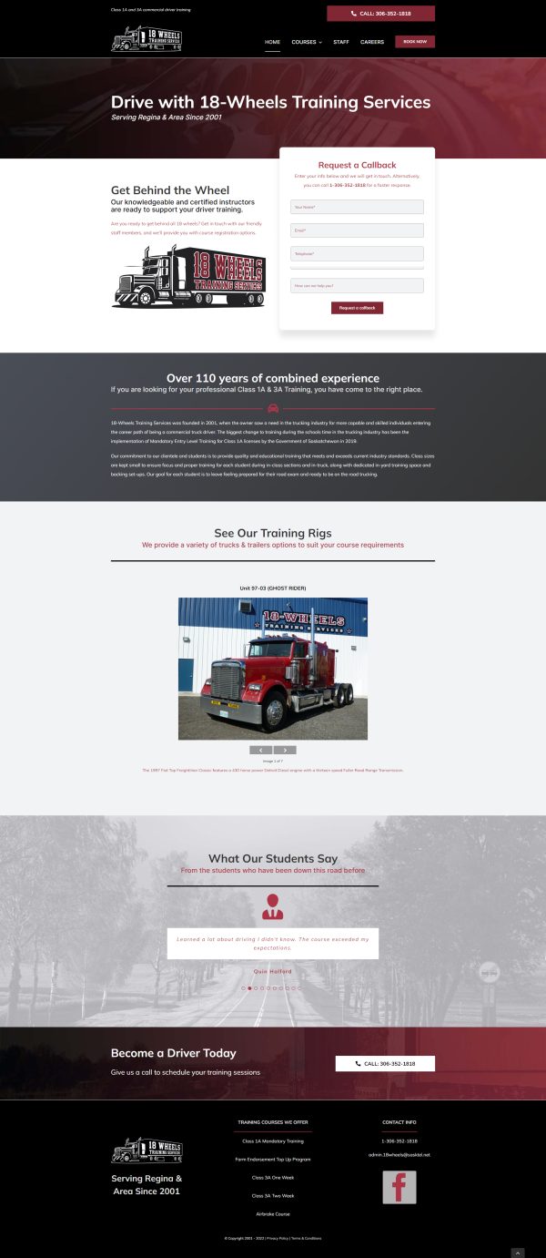 18 Wheels Truck Training website designed by Right Design